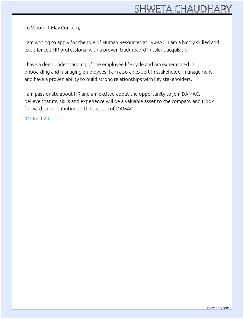 Human resource (talent acquisition) At DAMAC Cover Letter