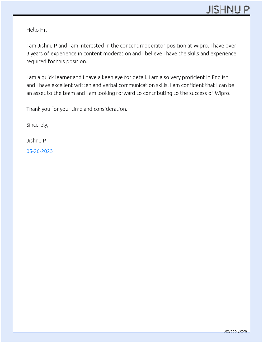 Content moderator  At Wipro Cover Letter