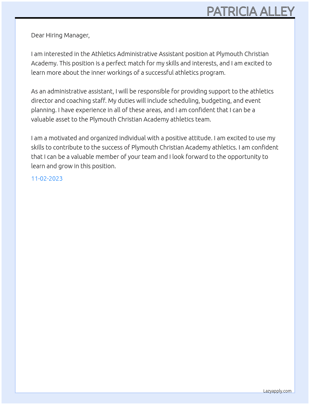 Athletics Administrative Assistant At Plymouth Christian Academy   Cover Letter