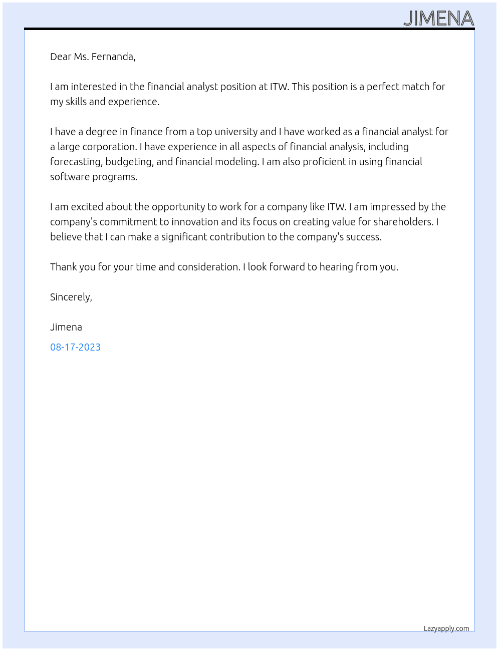 Financial analyst At ITW Cover Letter
