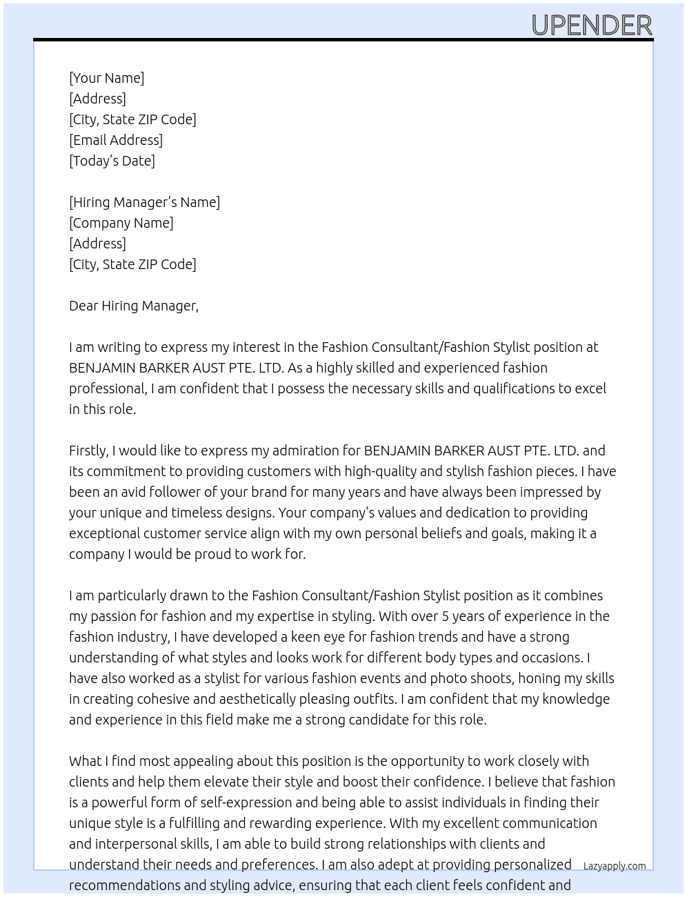 Fashion consultant/Fashion Styist At BENJAMIN BARKER AUST PTE. LTD Cover Letter