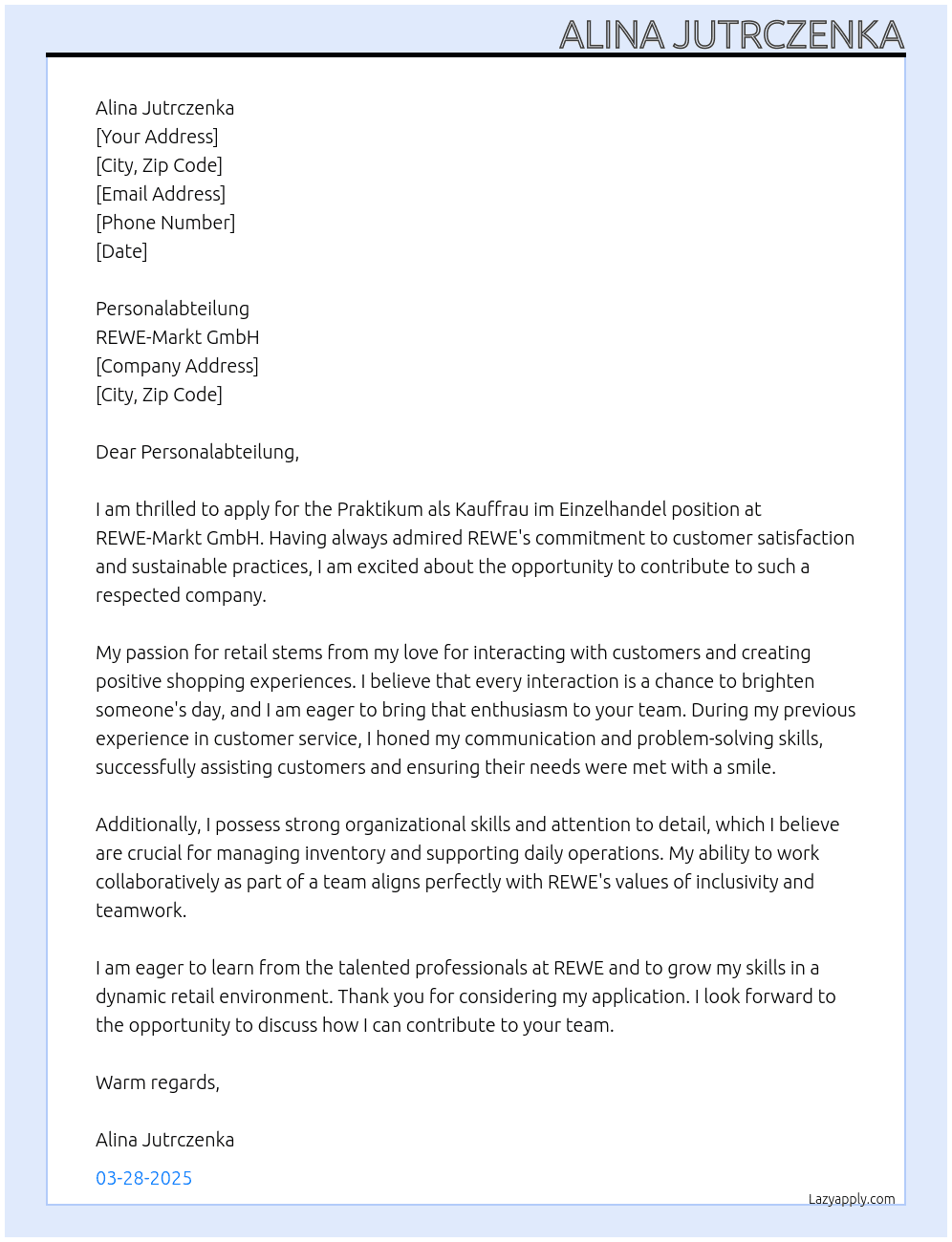 Praktikum als Kauffrau im Einzelhandel At REWE-Markt GmbH Cover Letter