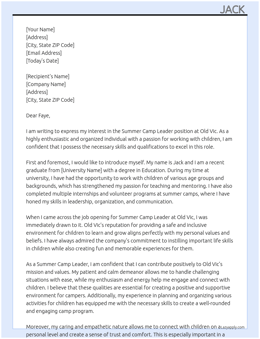 Summer camp leader At Old vic Cover Letter