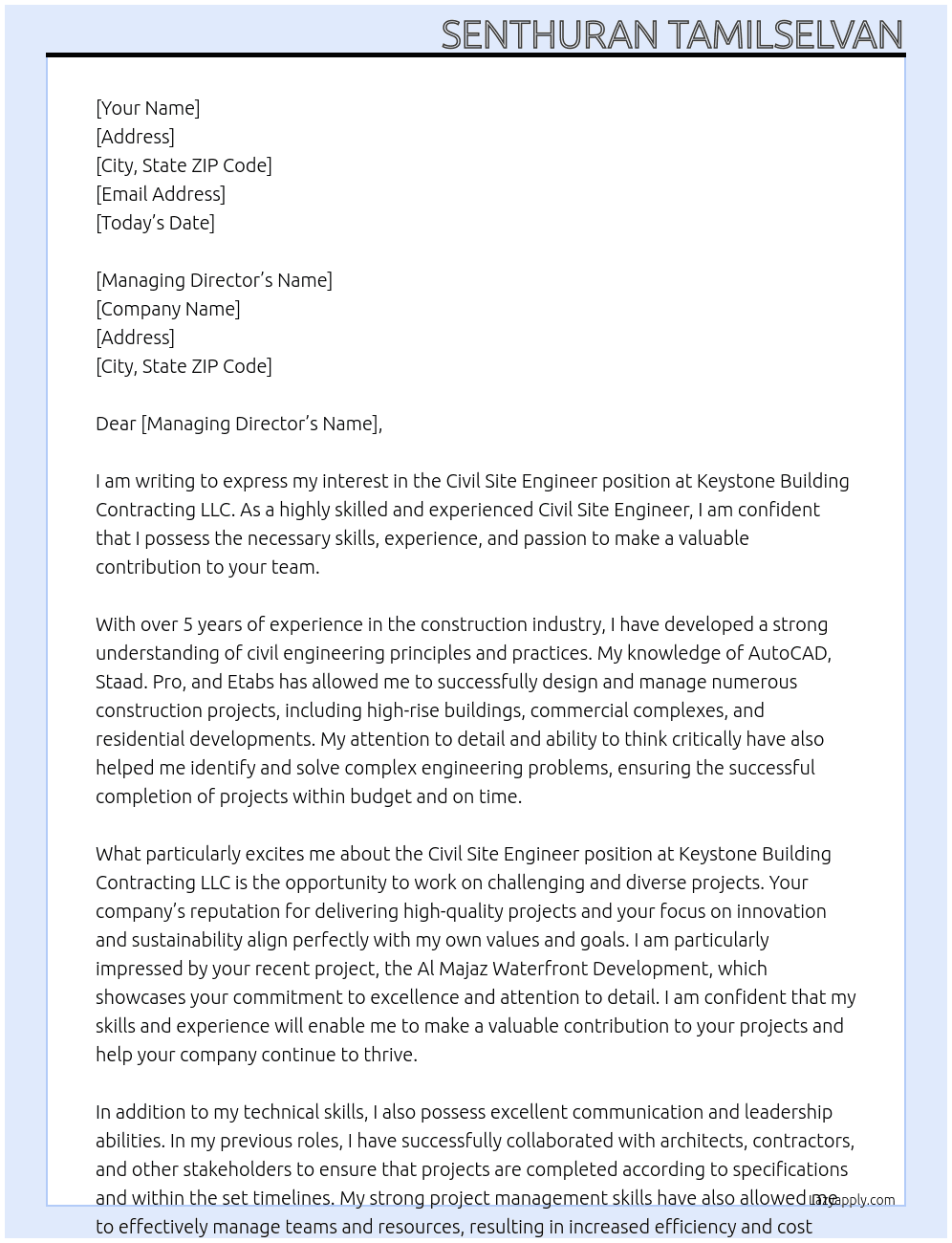 Civil Site Engineer At Keystone Building Contracting LLC Cover Letter