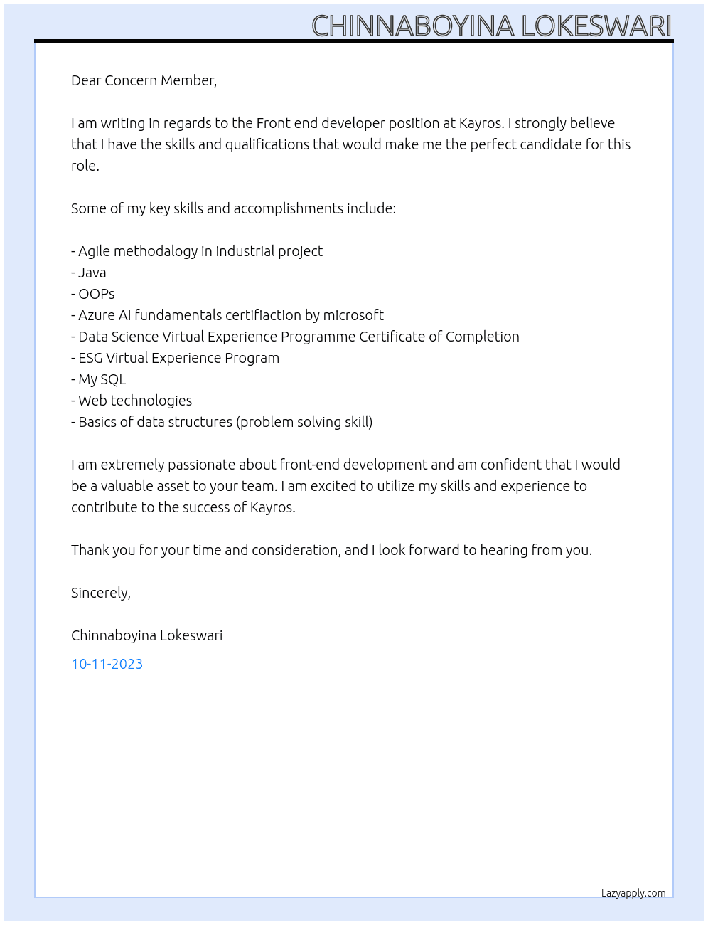 Front end developer At Kayros Cover Letter