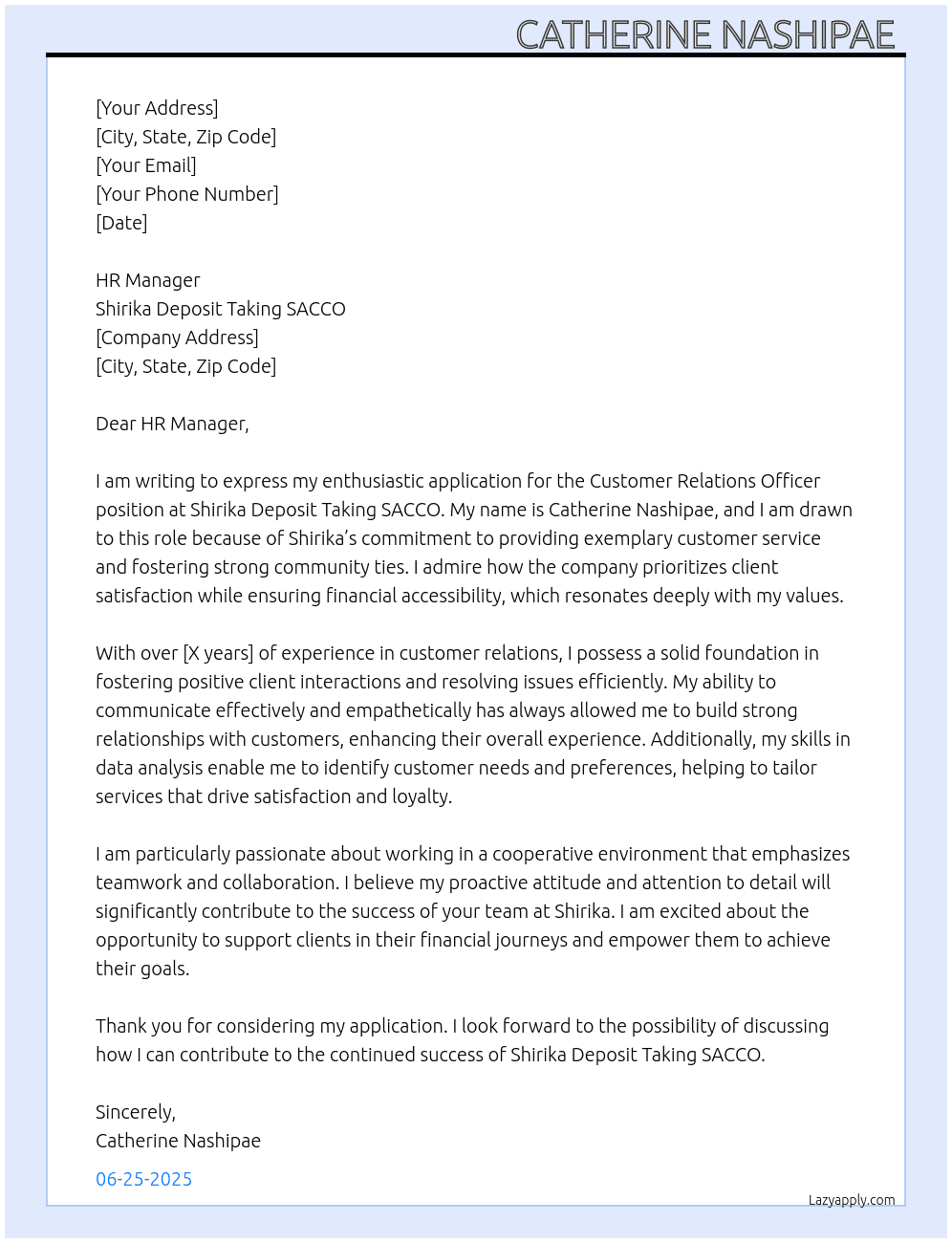 CUSTOMER RELATIONS OFFICER  At SHIRIKA DEPOSIT TAKIND SACCO Cover Letter