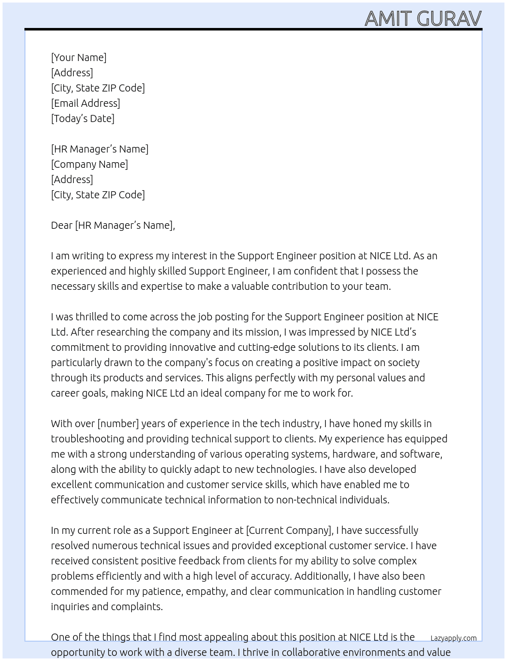 Support engineer At NICE Ltd Cover Letter