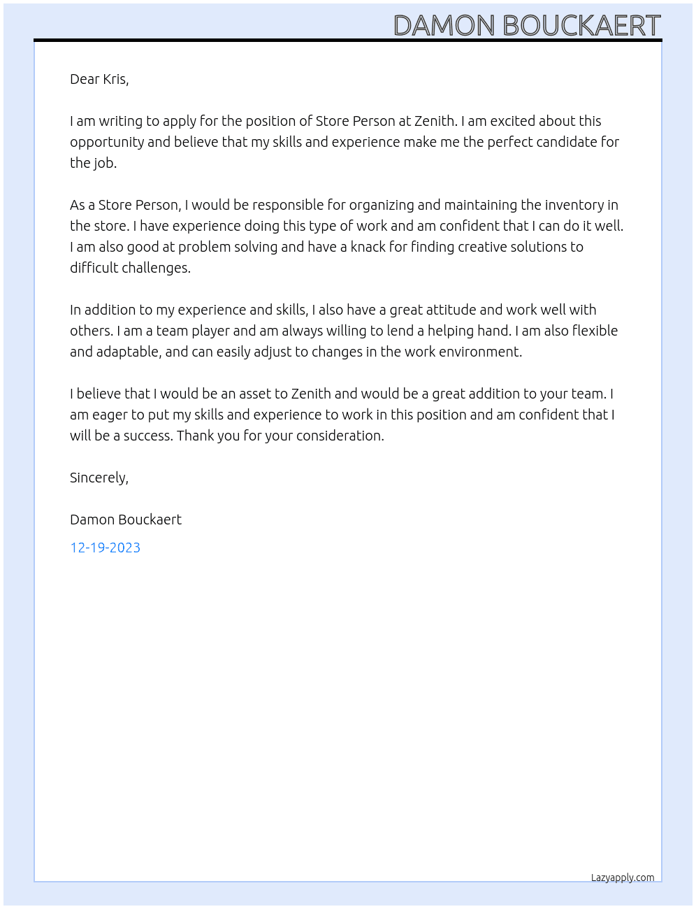 Store Person At Zenith Cover Letter