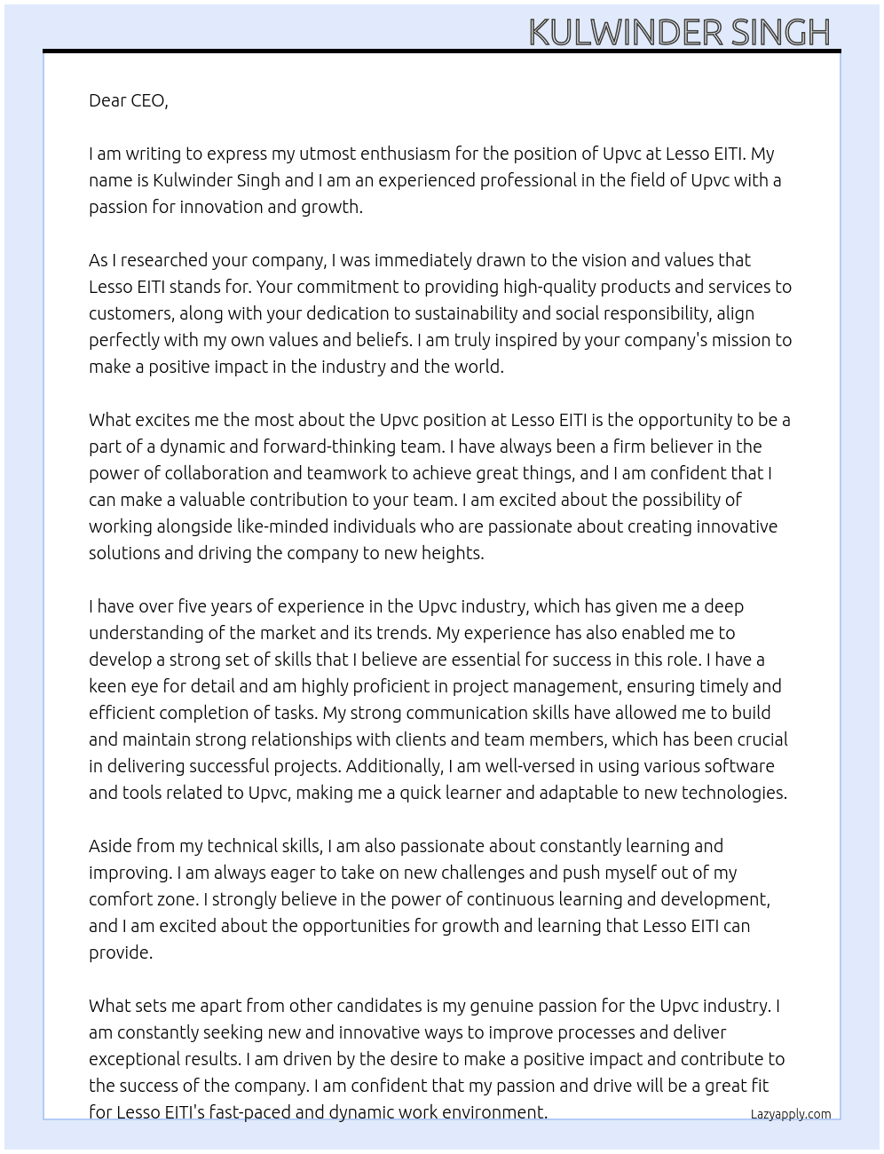 Upvc  At Lesso EITI. Cover Letter