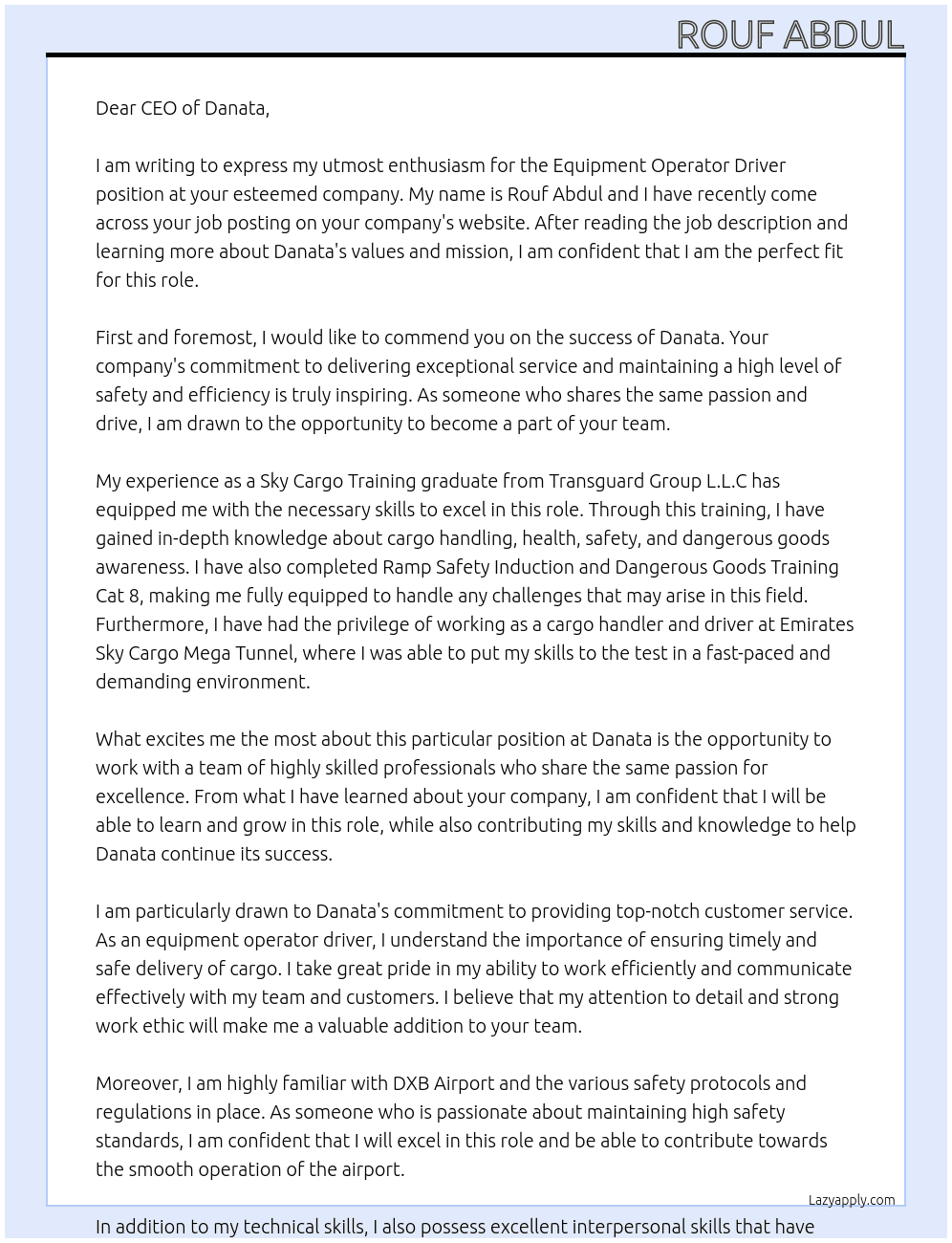 Equipment Operator driver At Danata  Cover Letter