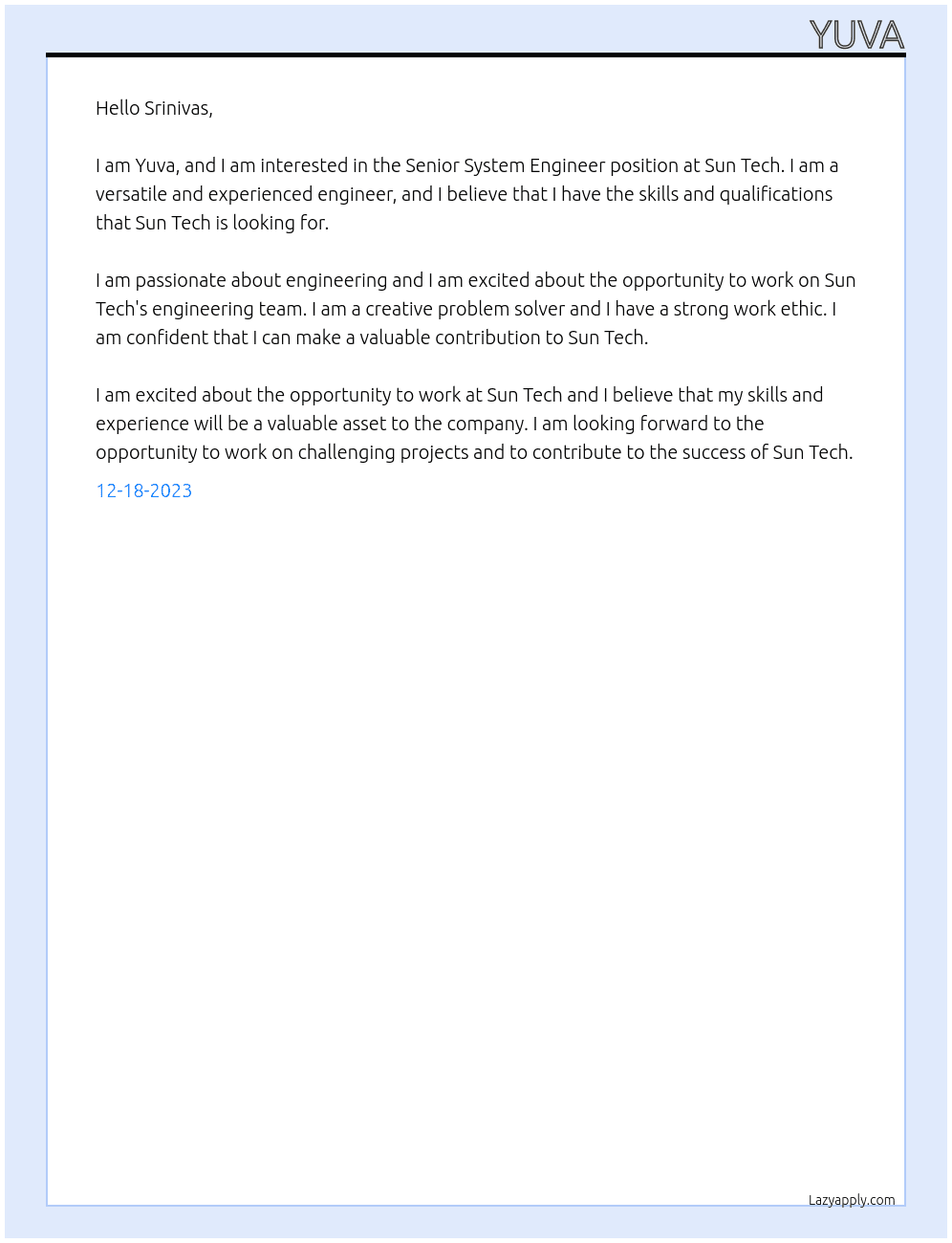 Senior System Engineer At Sun Tech  Cover Letter