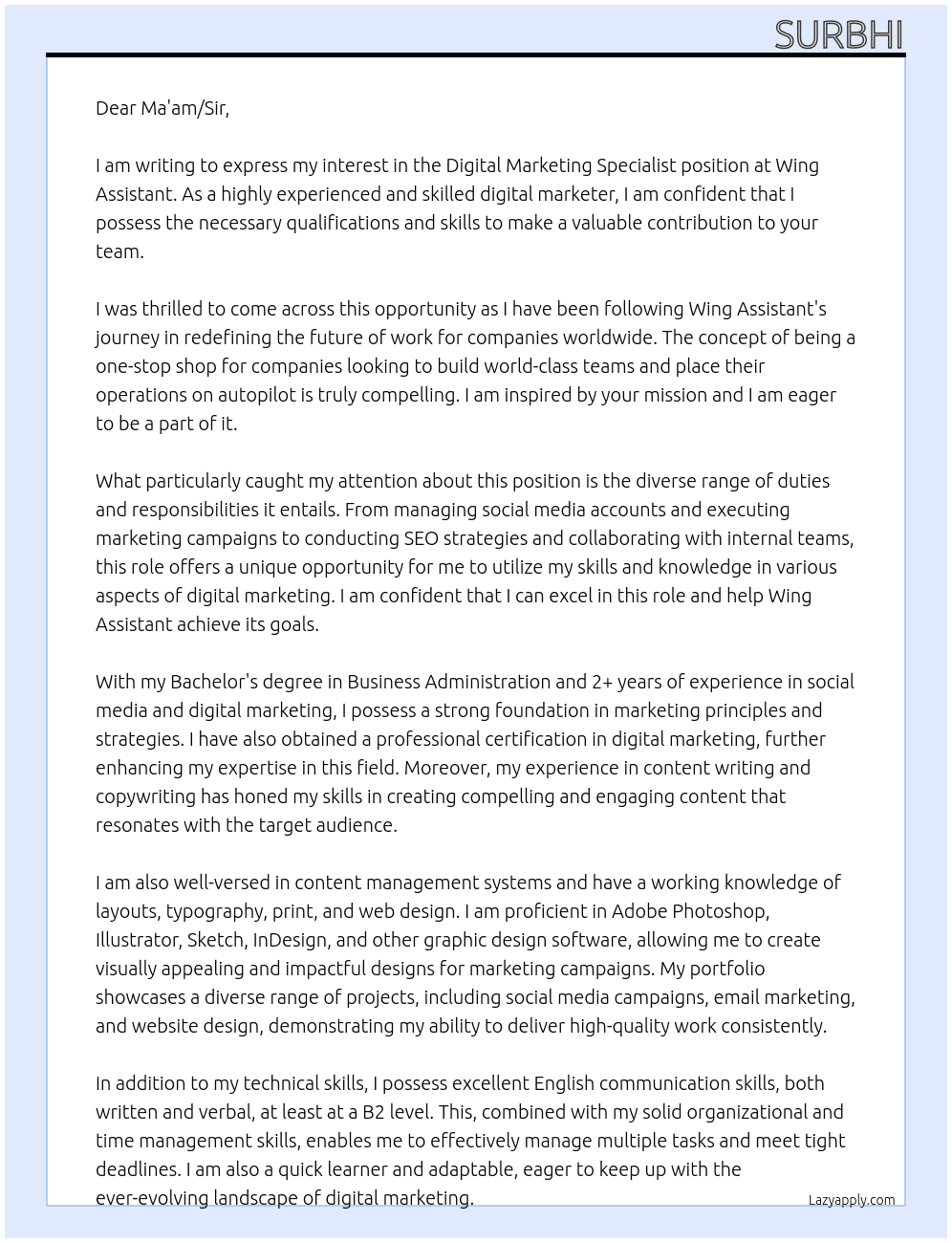 Digital Marketing S At Wing Assistant Cover Letter