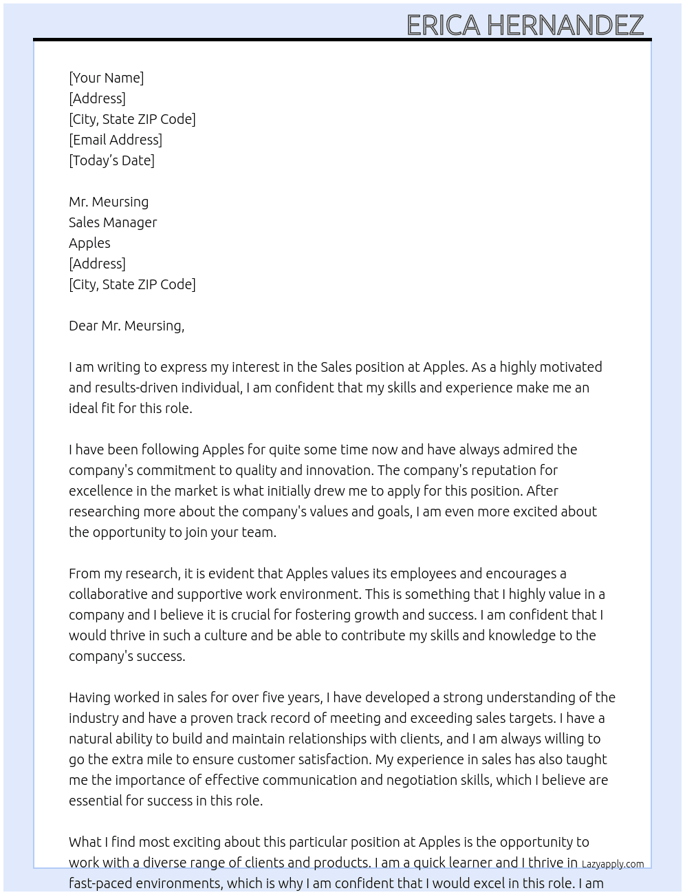 Sales At Apples Cover Letter