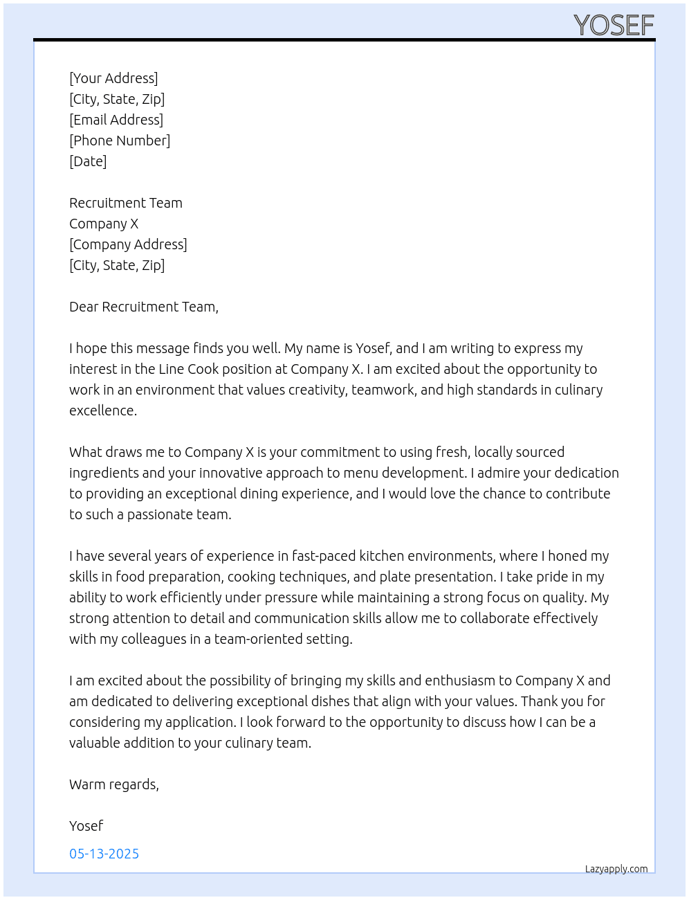 Cover letter for line cook - LazyApply