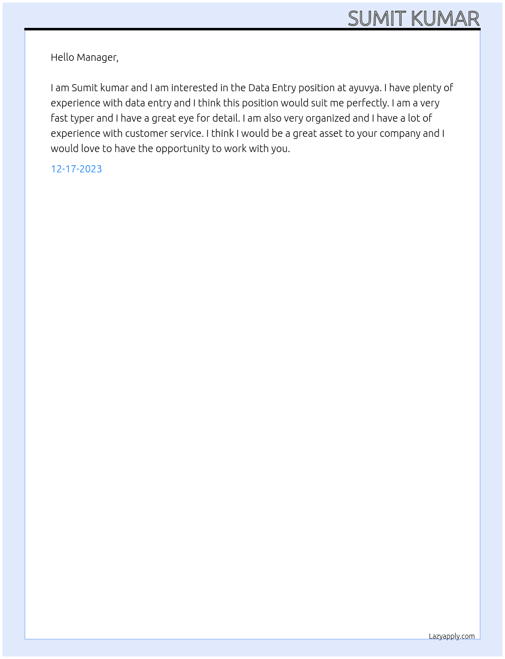 Data Entry At ayuvya Cover Letter