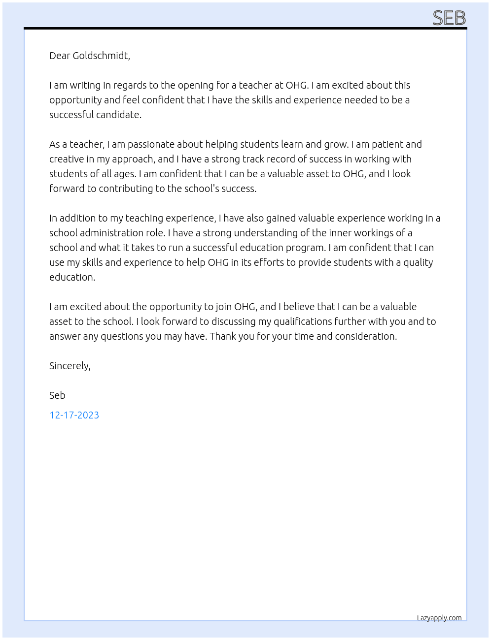 teacher At ohg Cover Letter
