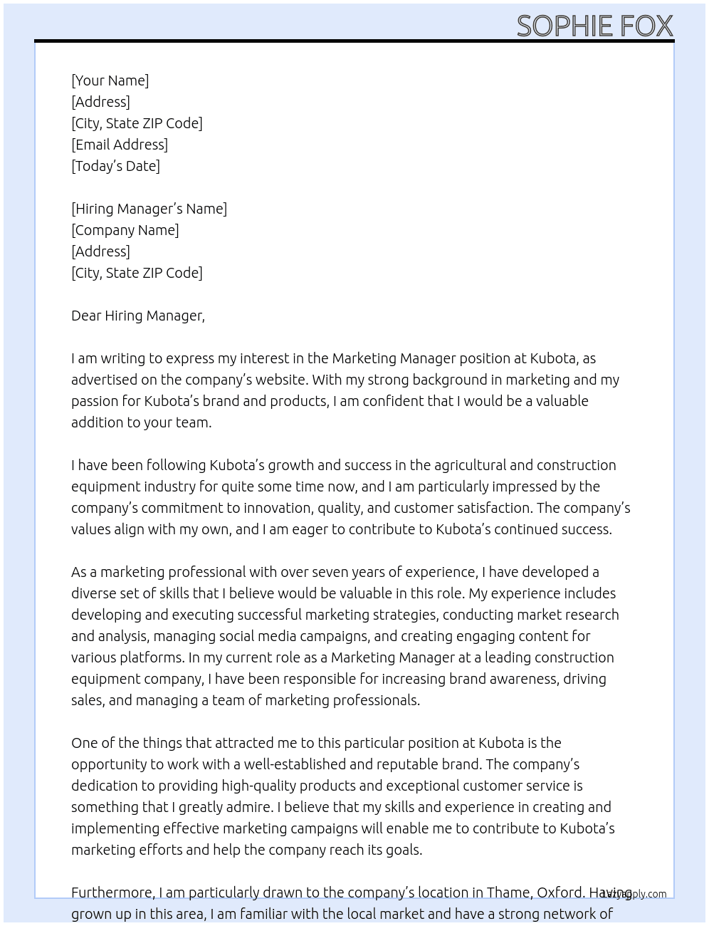 Marketing Manager  At Kubota  Cover Letter