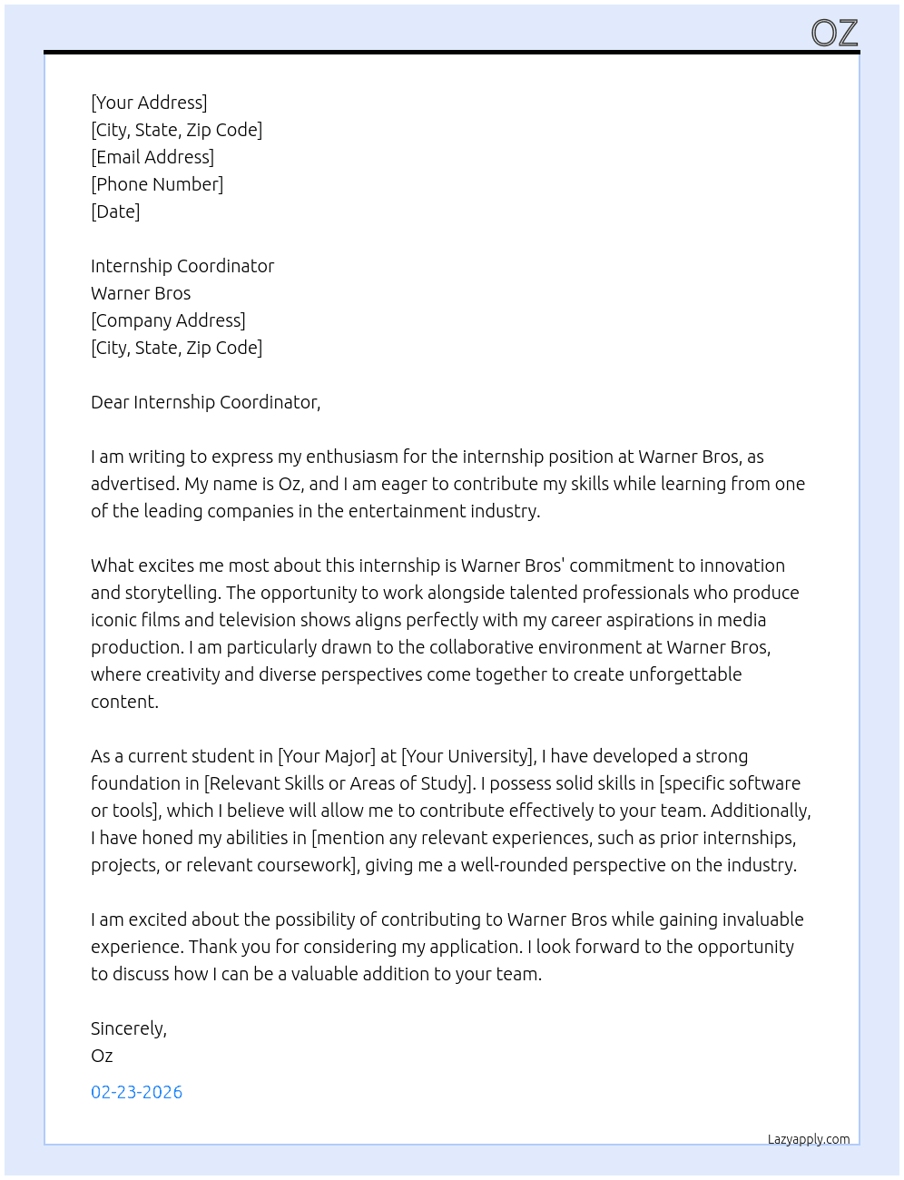 internship At Warner bros Cover Letter