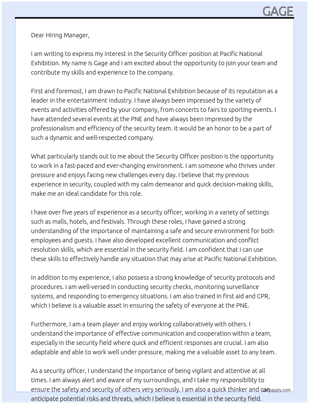 Security Officer At Pacific National Exhibition  Cover Letter