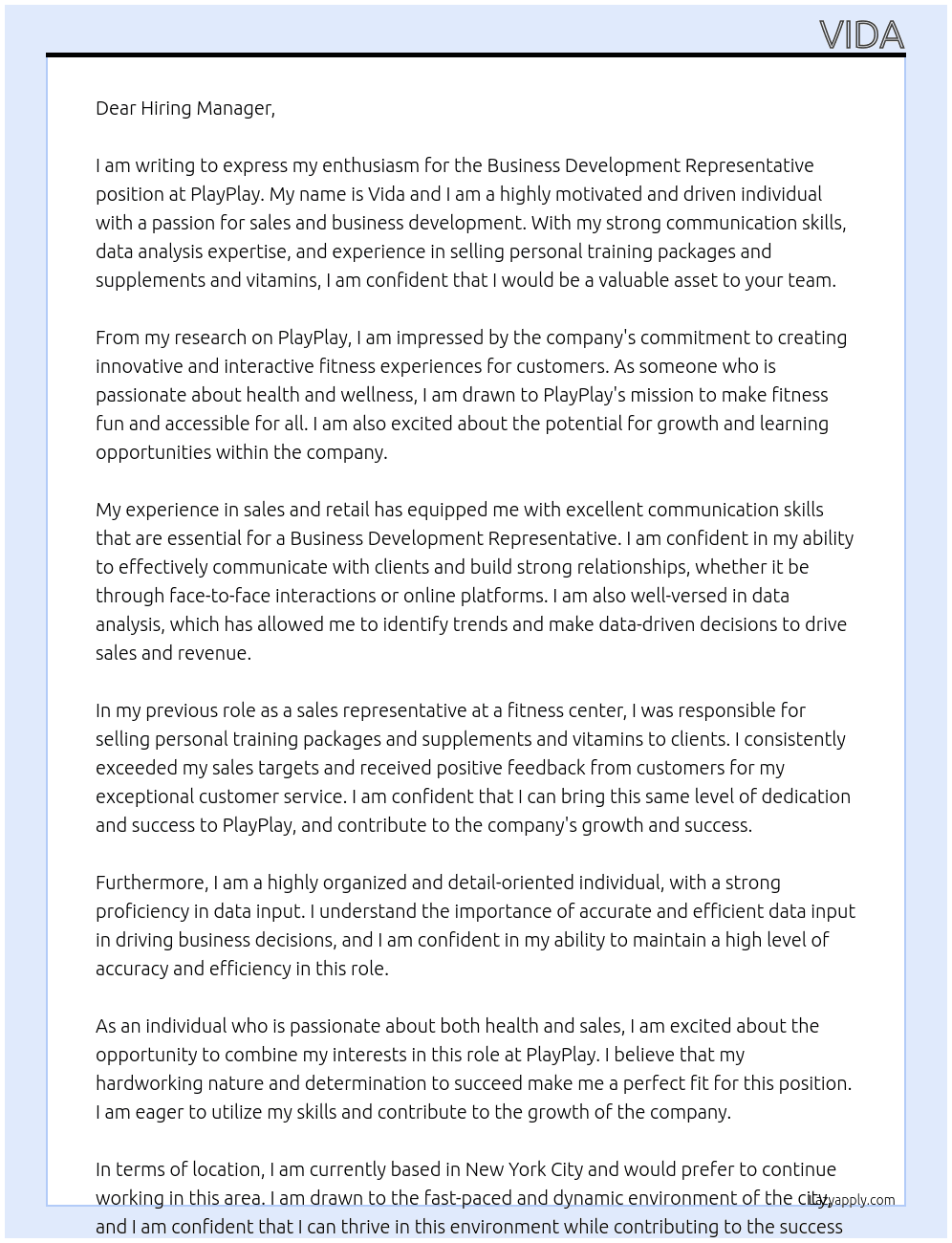 Business Development Representative  At PlayPlay Cover Letter