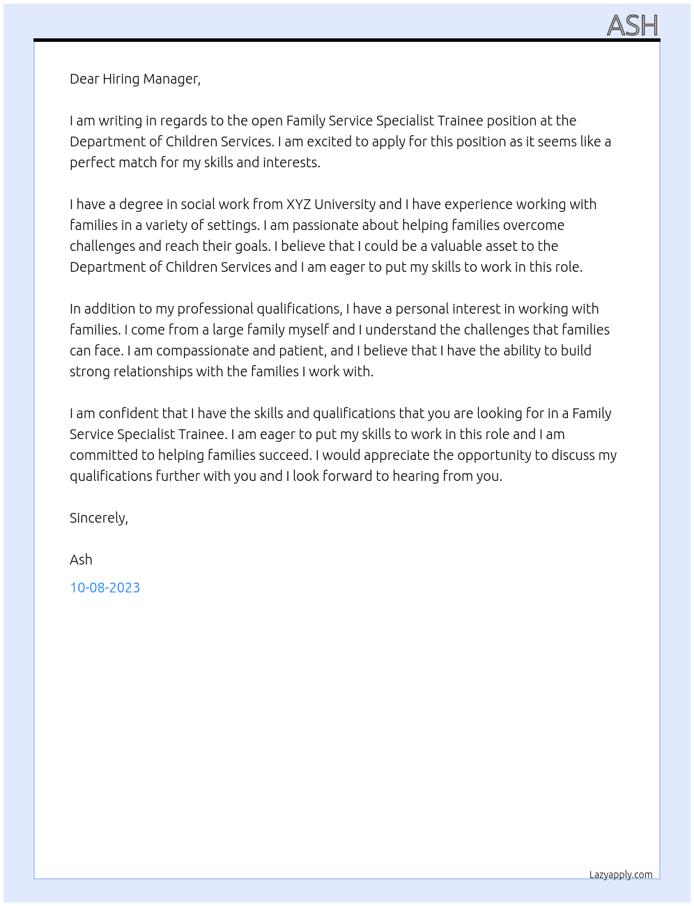 Family Service Specialist Trainee At Department of Children services  Cover Letter