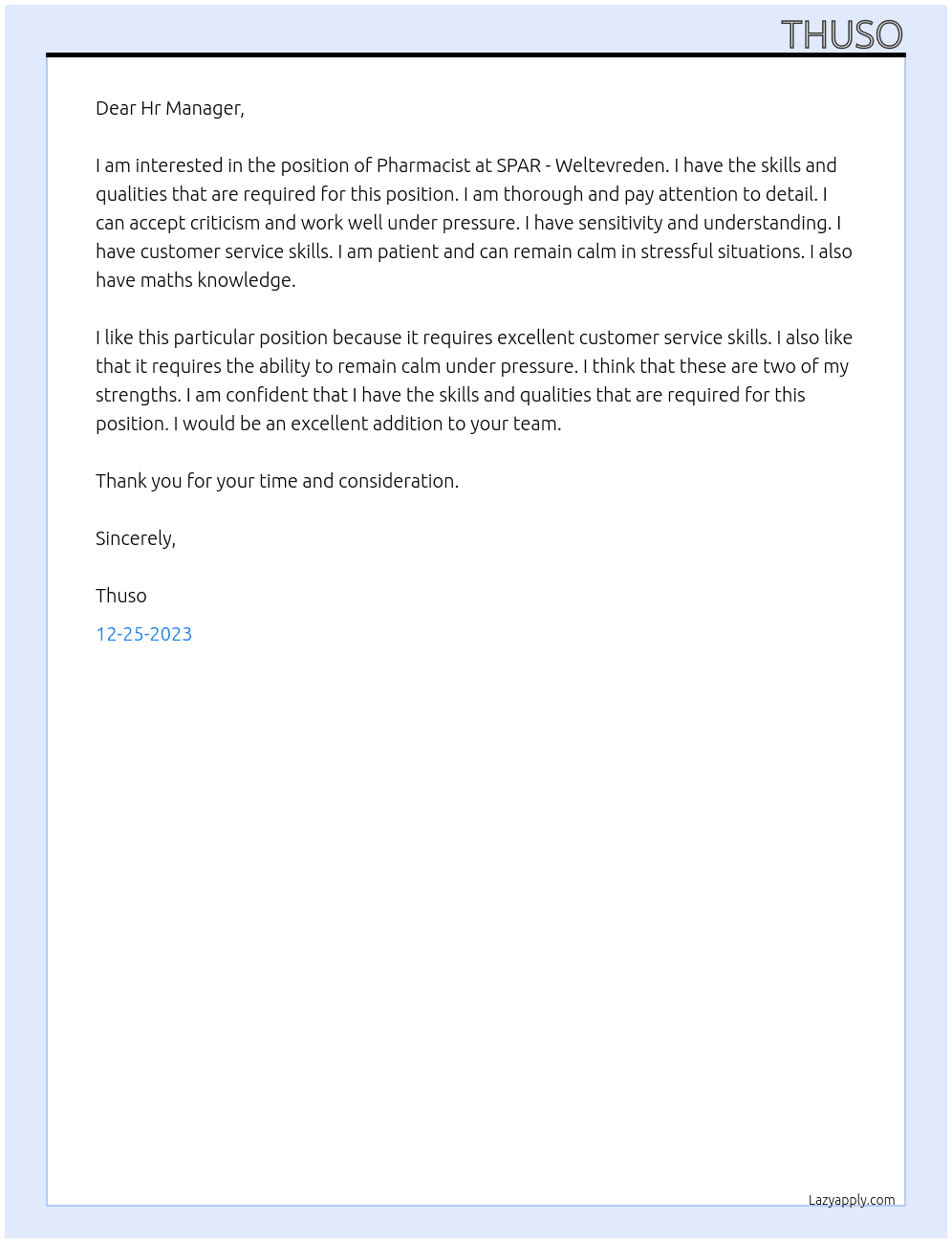 Pharmacist At SPAR - Weltevreden Cover Letter