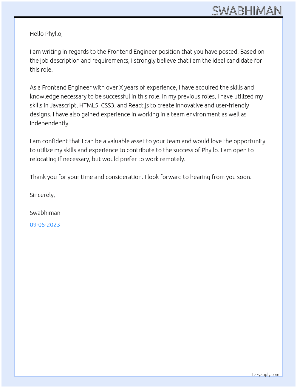 Frontend Engineer At phyllo Cover Letter