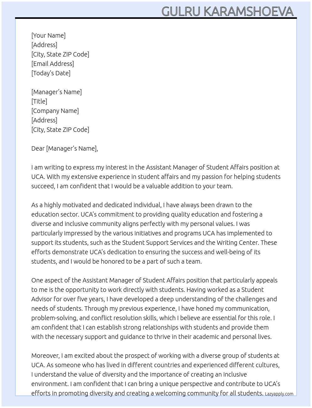 Assistant Manager of Student Affairs  At UCA Cover Letter