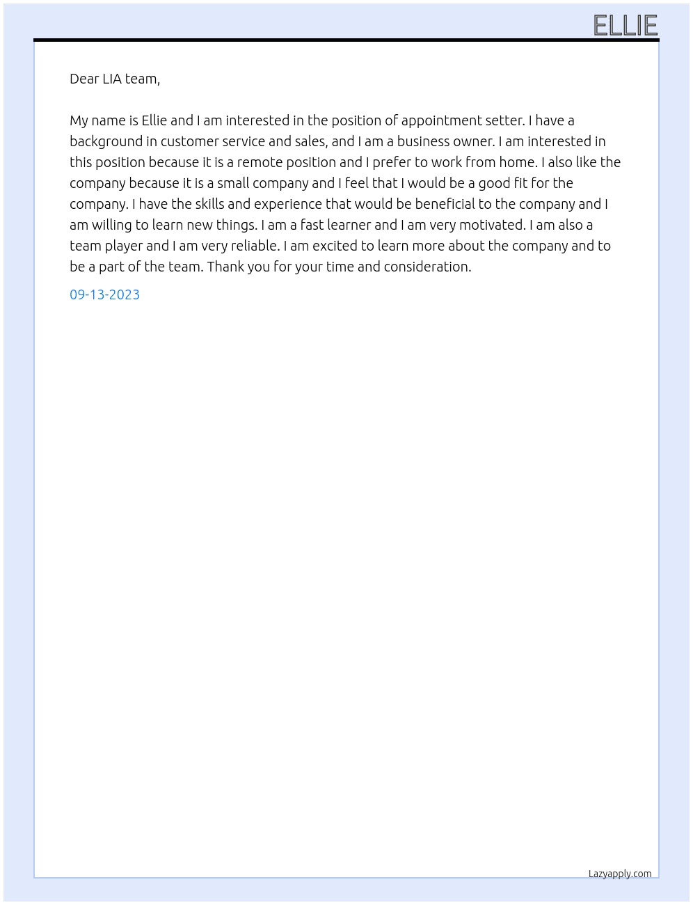 Appointment setter At LIA Cover Letter