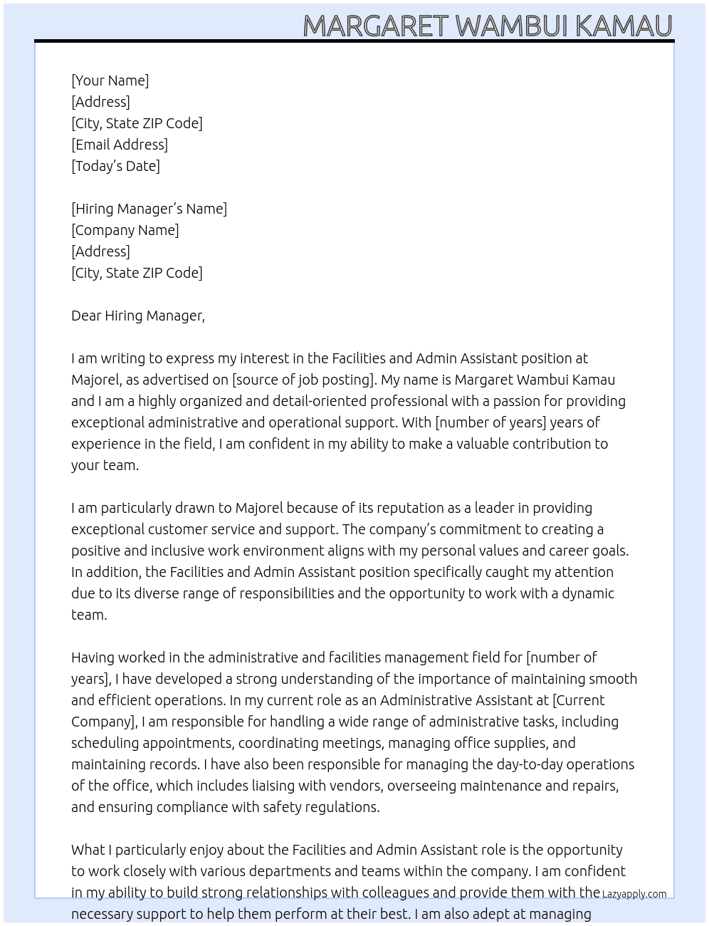 Facilities and Admin Assistant At Majorel Cover Letter