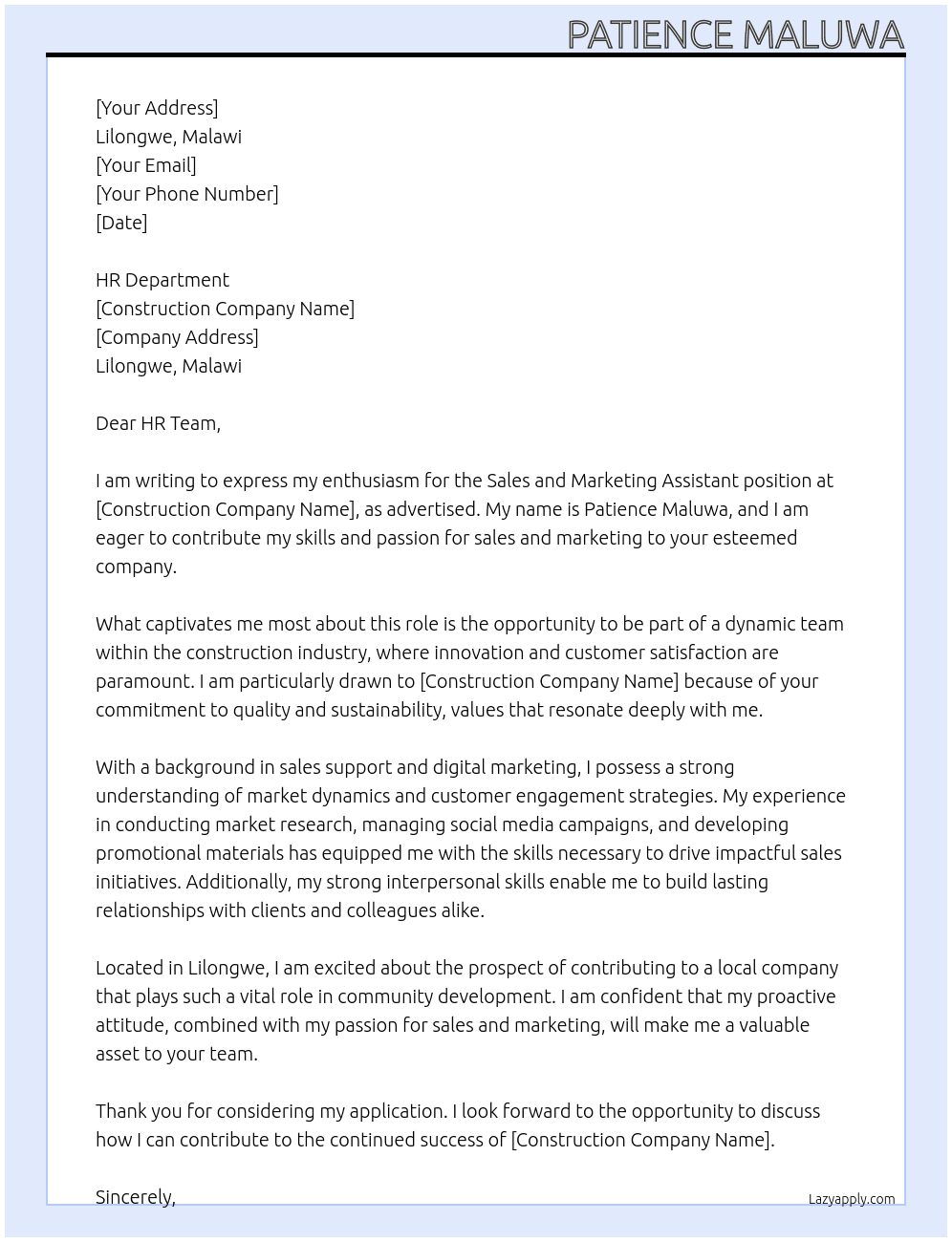 Sales and marketing assistant  At Construction company  Cover Letter