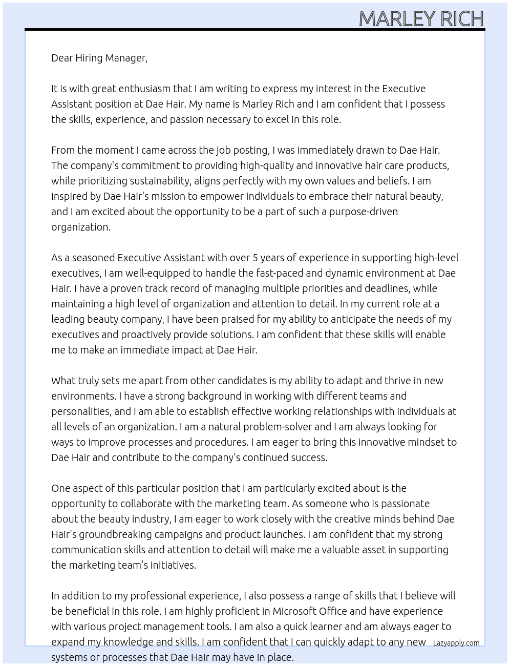 Executive Assistant At Dae Hair Cover Letter