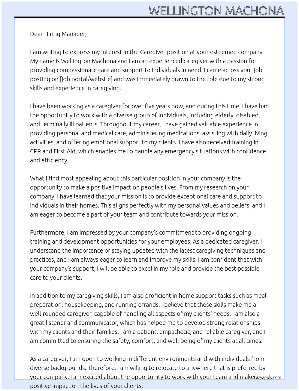 Care giver At N/A Cover Letter