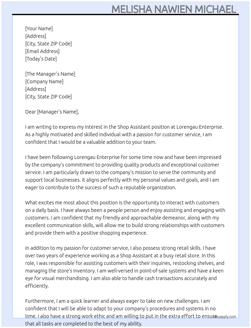 Shop assistant  At Lorengau enterprise  Cover Letter