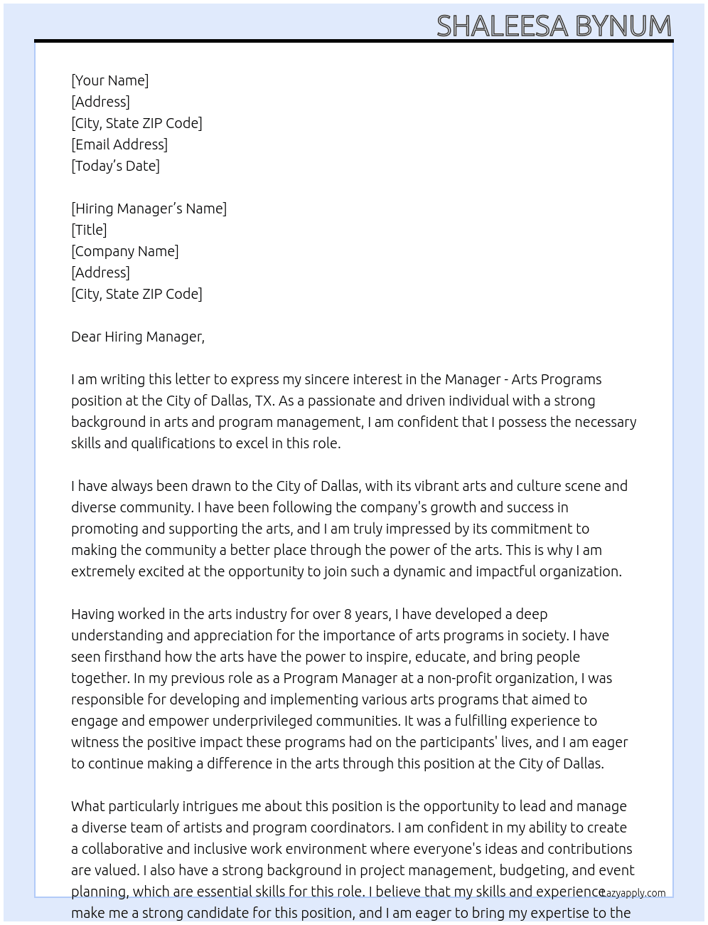 Manager - Arts Programs At City of Dallas, TX  Cover Letter