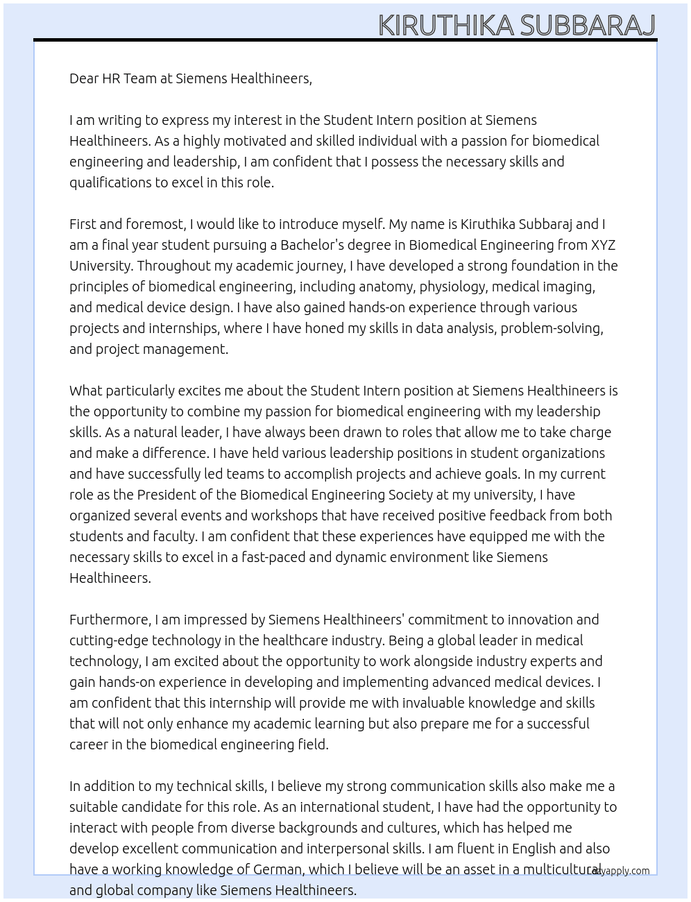 Student intern At Siemens helathineers Cover Letter