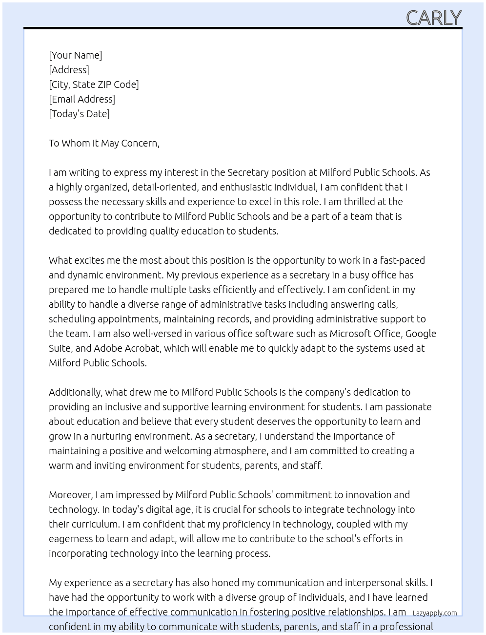 Secretary At Milford Public Schools Cover Letter