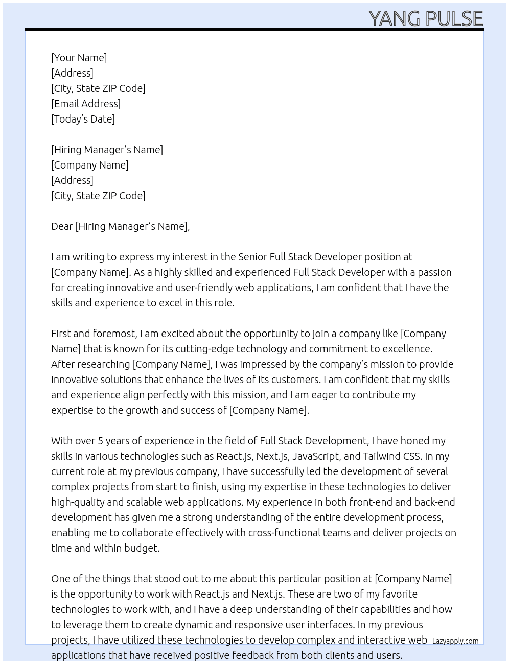 Cover letter for senior full stack developer - LazyApply