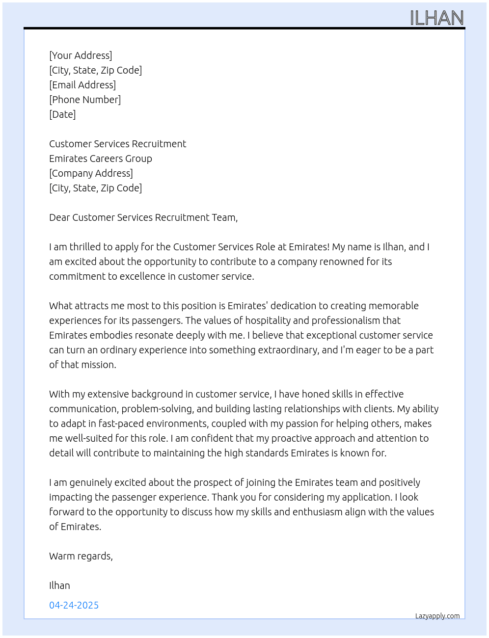 Cover letter for customer services role - LazyApply
