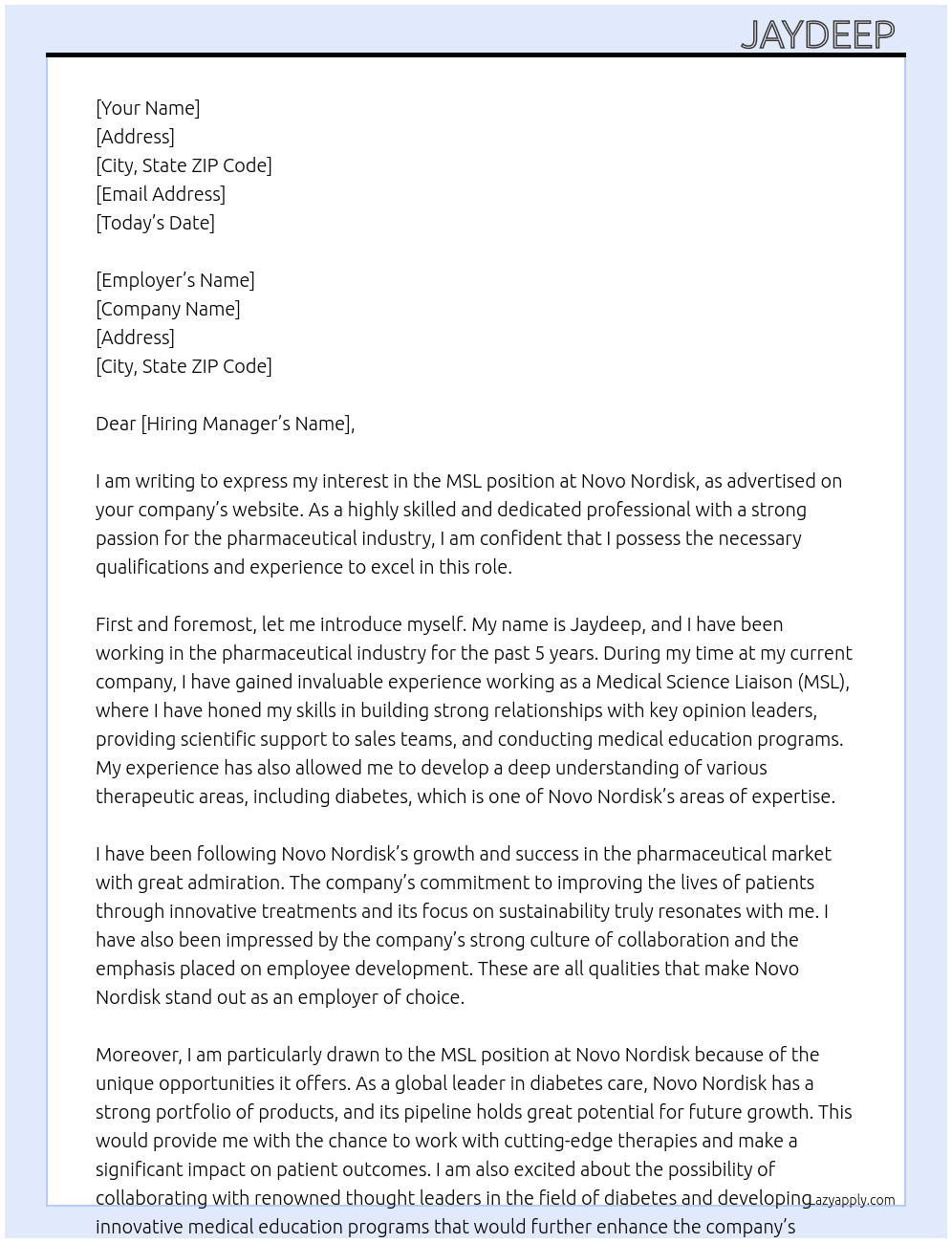 MSL At NovoNordisk Cover Letter