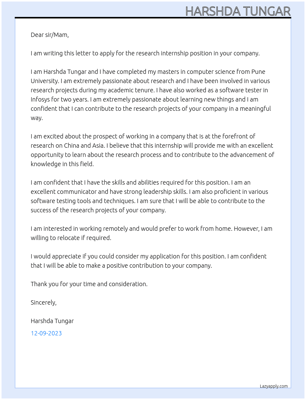 Research internship  At Organisation for research on china and asia Cover Letter