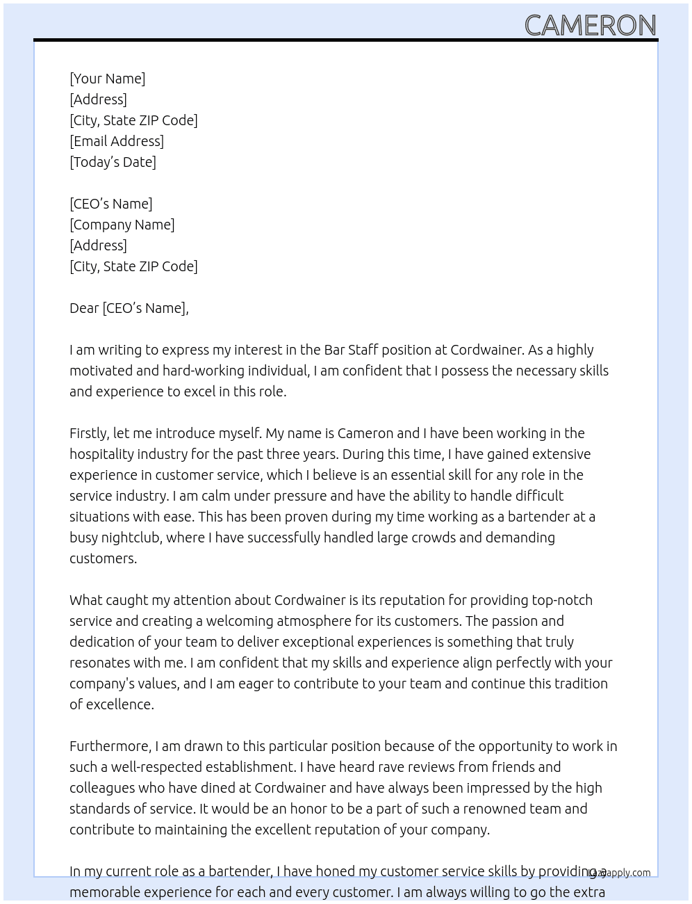 Bar Staff At Cordwainer Cover Letter