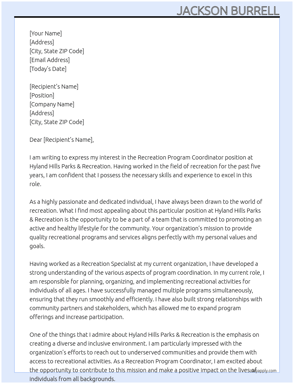 Recreation Program Coordinator  At Hyland Hills Parks & Recreation Cover Letter