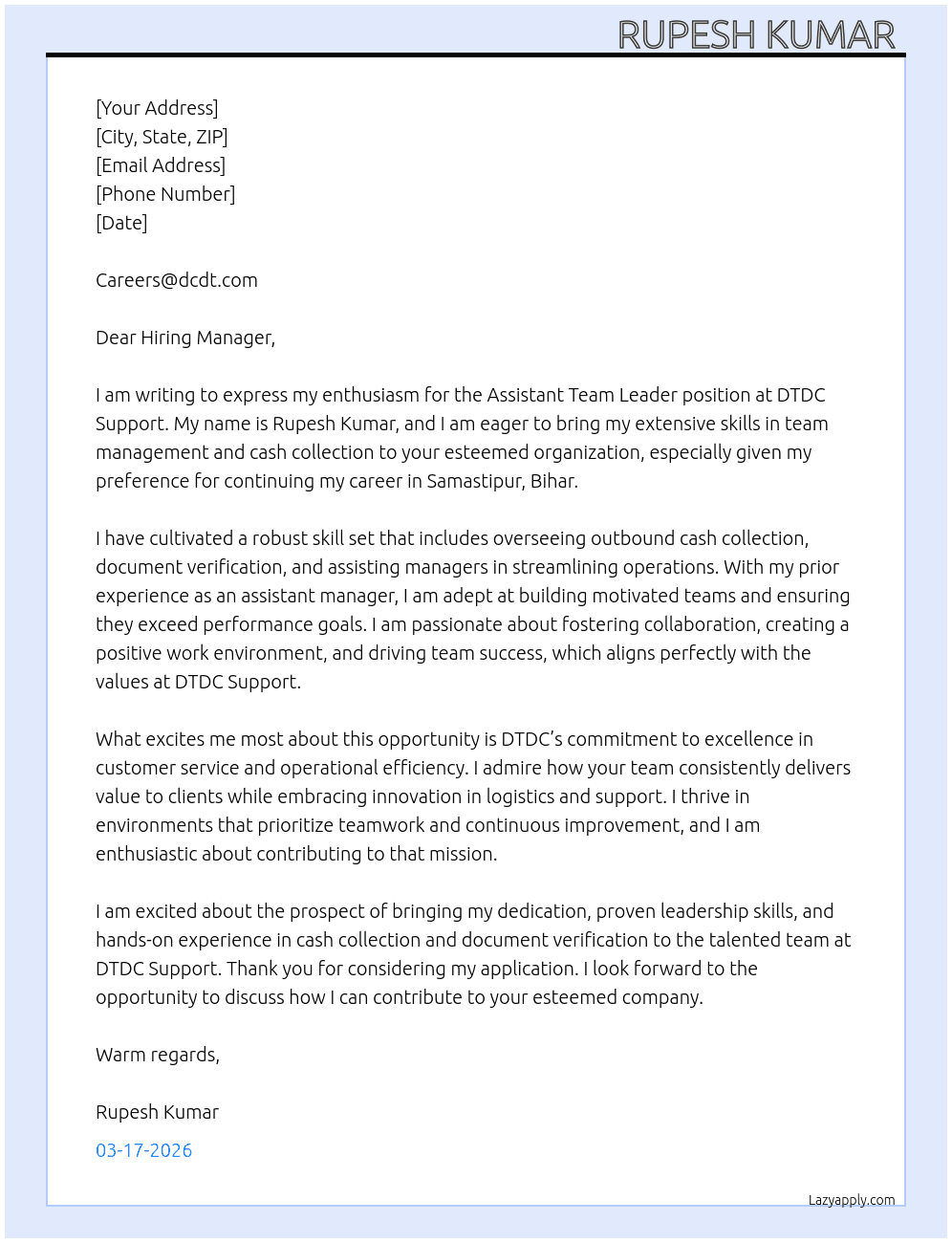 Assistant team leader  and TL At DTDC support  Cover Letter