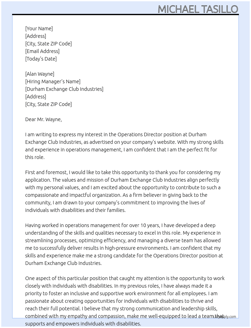 Operations Director At Durham Exchange Club Industries Cover Letter