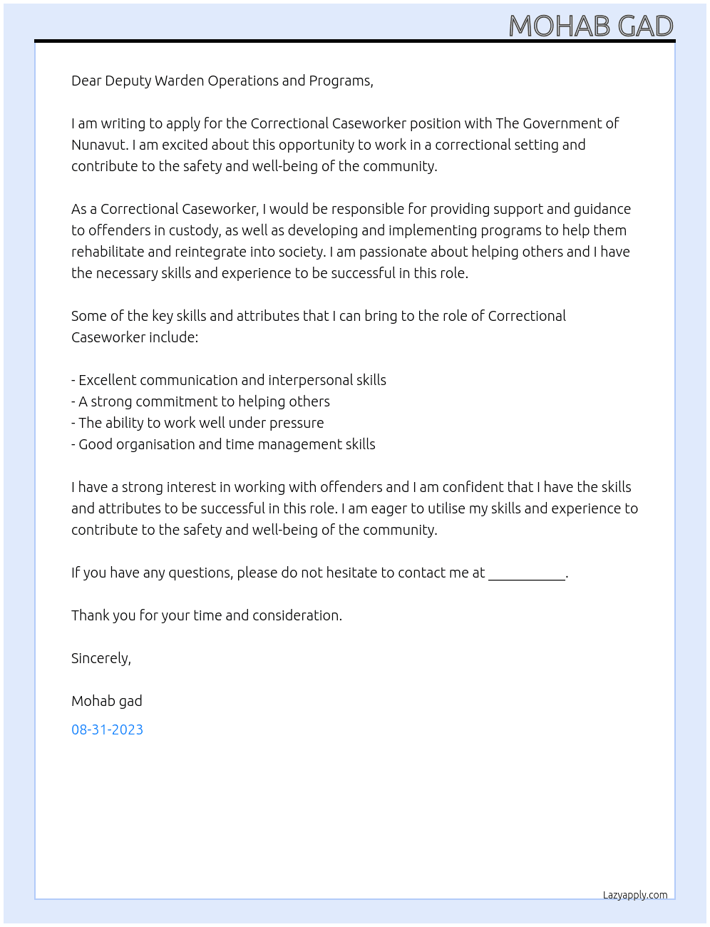 Correctional Caseworker At The Government of Nunavut Cover Letter