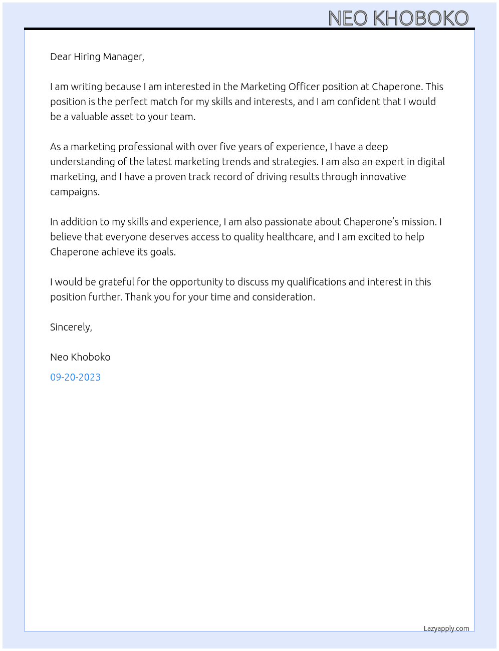 Marketing Officer  At Chaperone Cover Letter