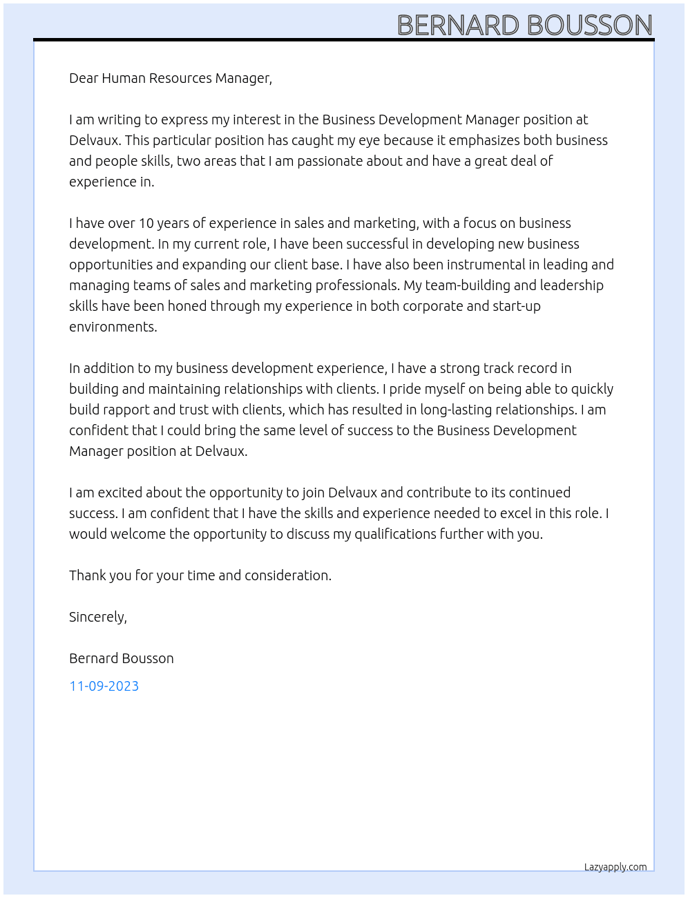 Business development manager At Delvaux Cover Letter