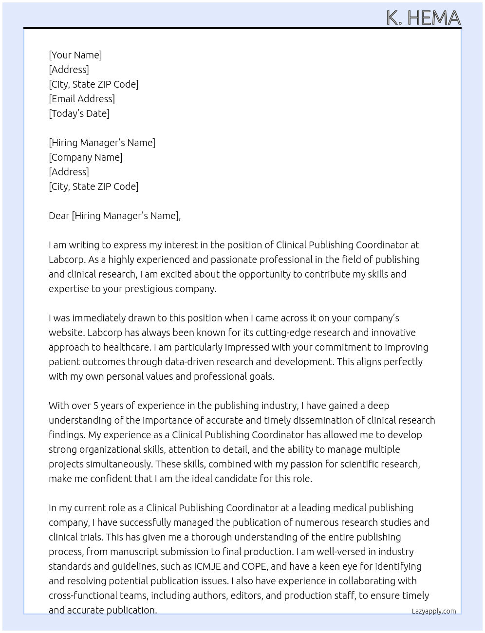 clinical publishing coordinator At labcorp Cover Letter