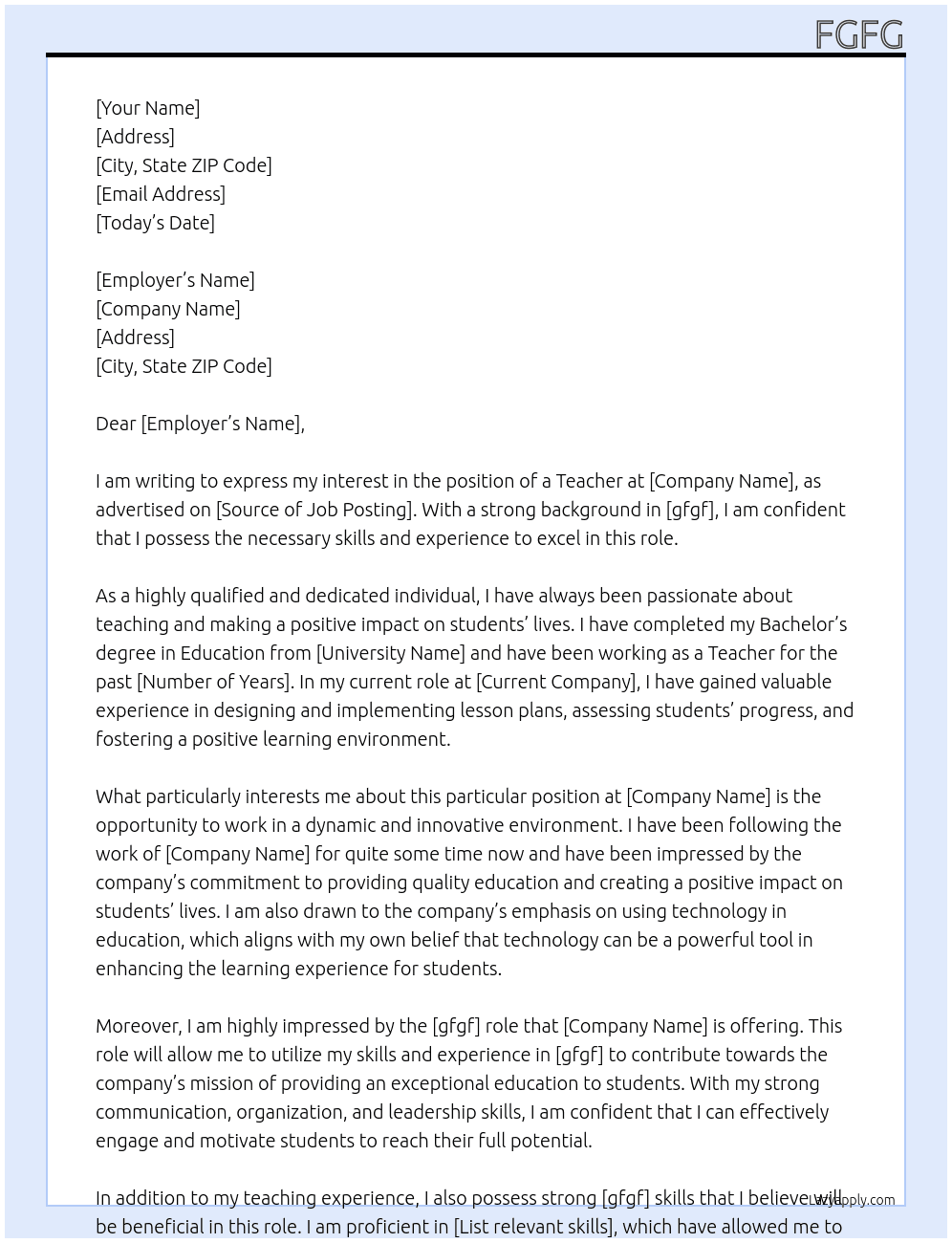 Teacher At fgfg Cover Letter
